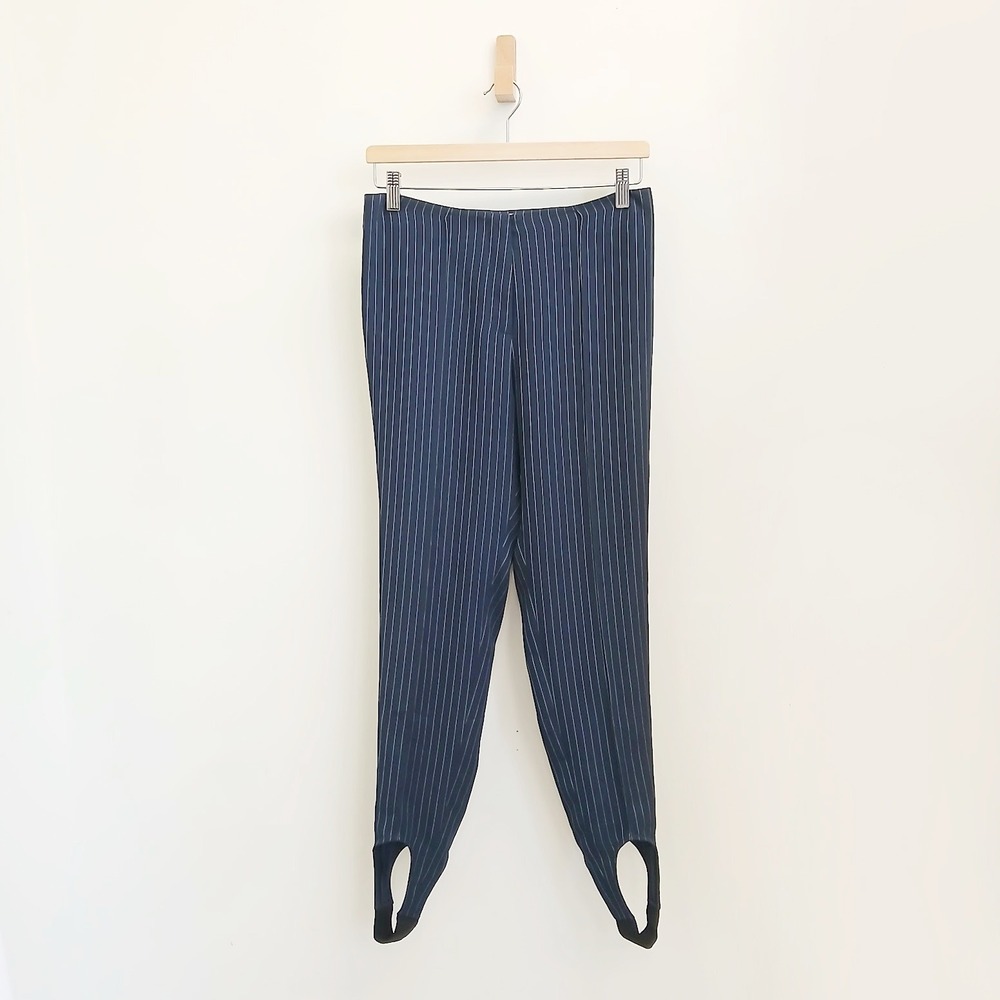 Cinq à Sept Pinstripe Stirrup Pants Womens Navy Blue Slim Leg Dark Academia - Picture 1 of 5